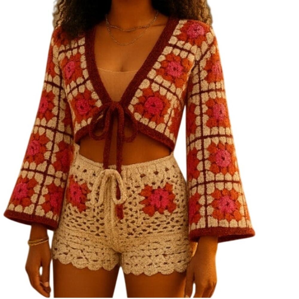Cropped Tie Front Crochet Top Size Large 70s Flare Sleeve Kimono Cardigan Granny